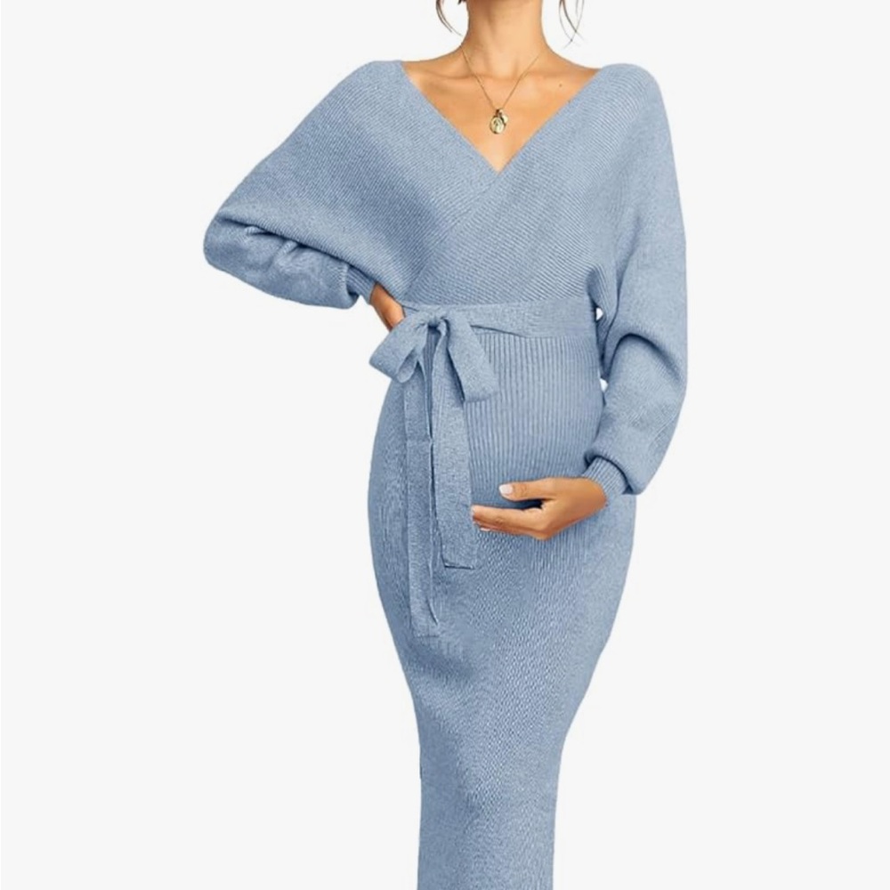 Light Blue V-Neck Knit Maternity Dress with Tie Waist